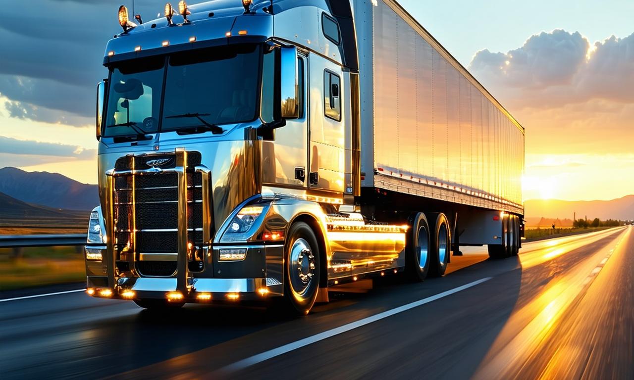 Large semi-truck navigating an open highway during golden hour