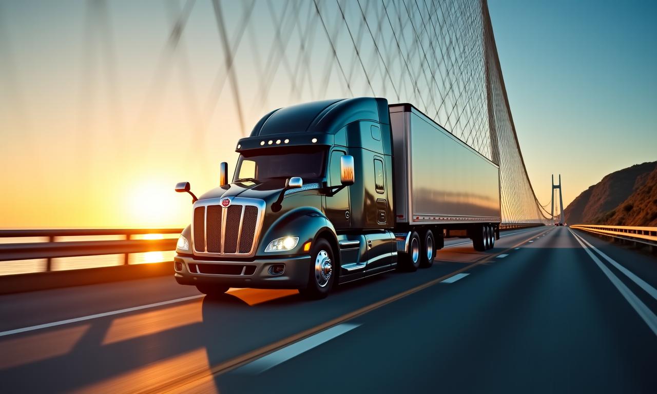 Heavy duty freight truck on a scenic highway at dawn